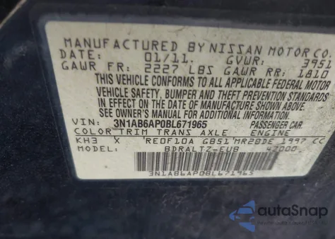 2011 Nissan Sentra 2.0Sr z USA, uszkodzony, nr VIN 3N1AB6AP0BL671965